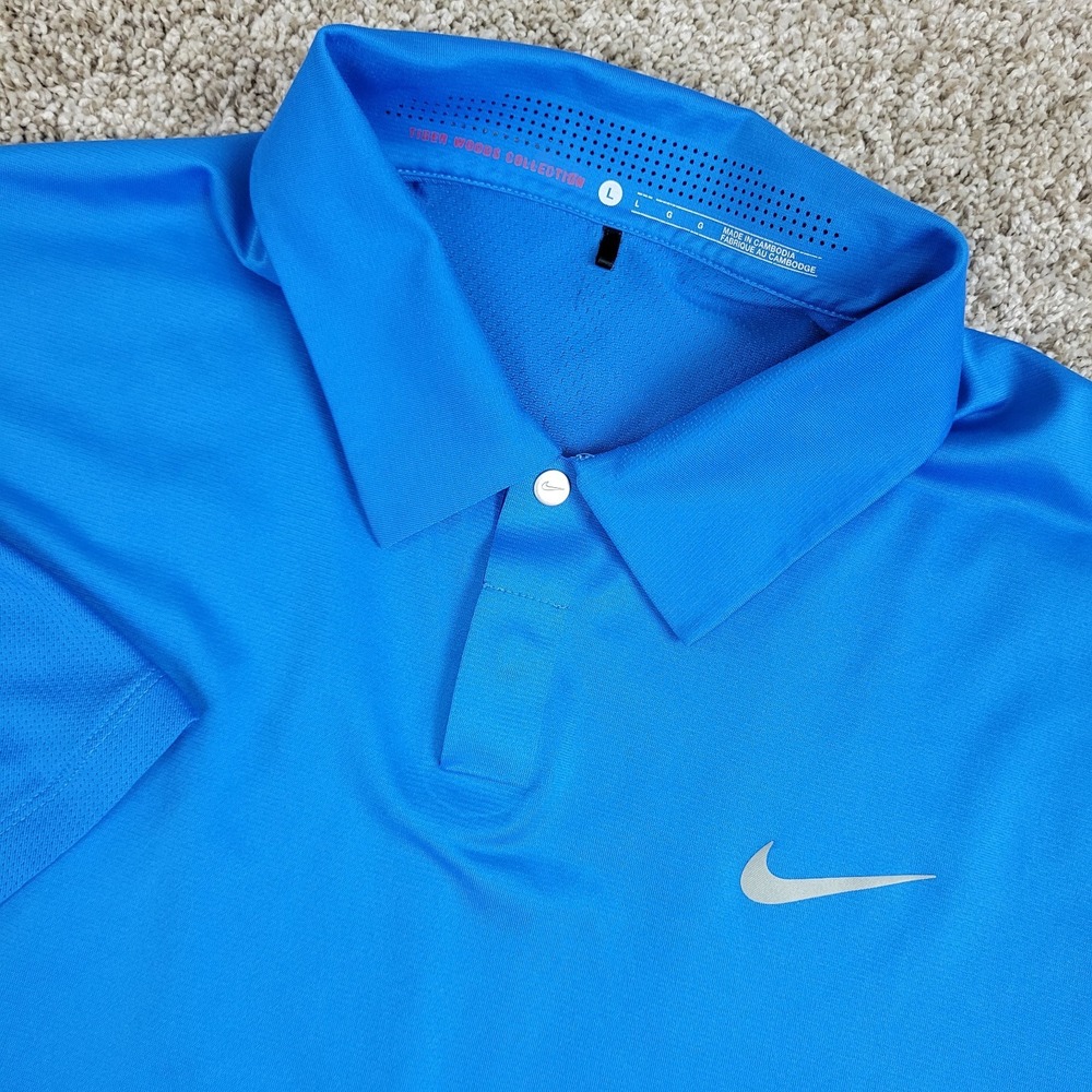 Nike Tiger Woods Collection Mens Large Solid Blue Performance Stretch Golf Polo
